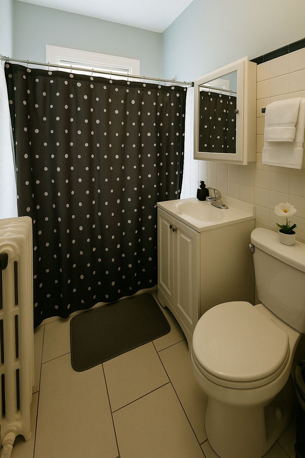 Shower, hair dryer, shampoo