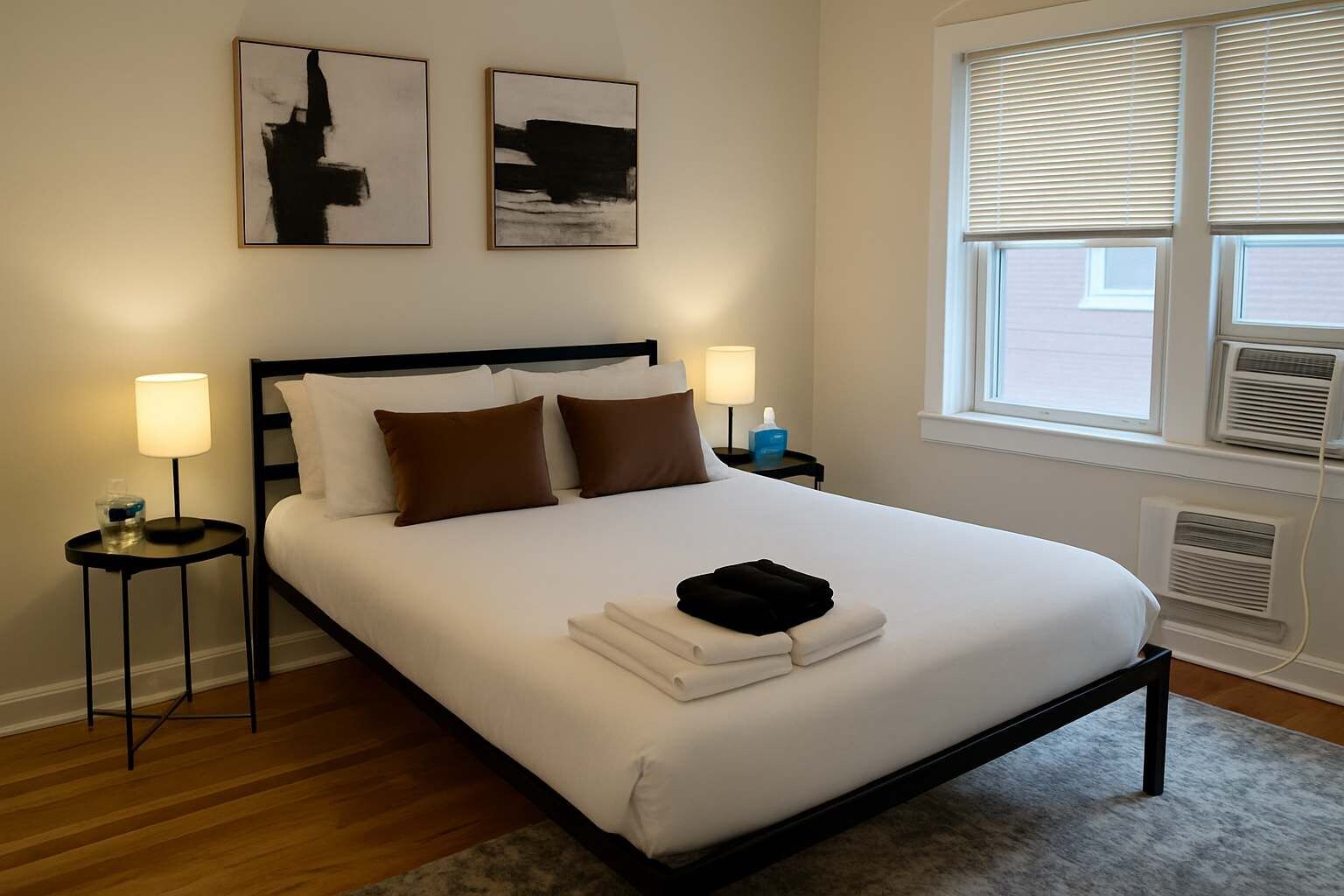 A neatly made bed with white linens and brown pillows, two bedside tables with lamps, and two abstract paintings on the wall.