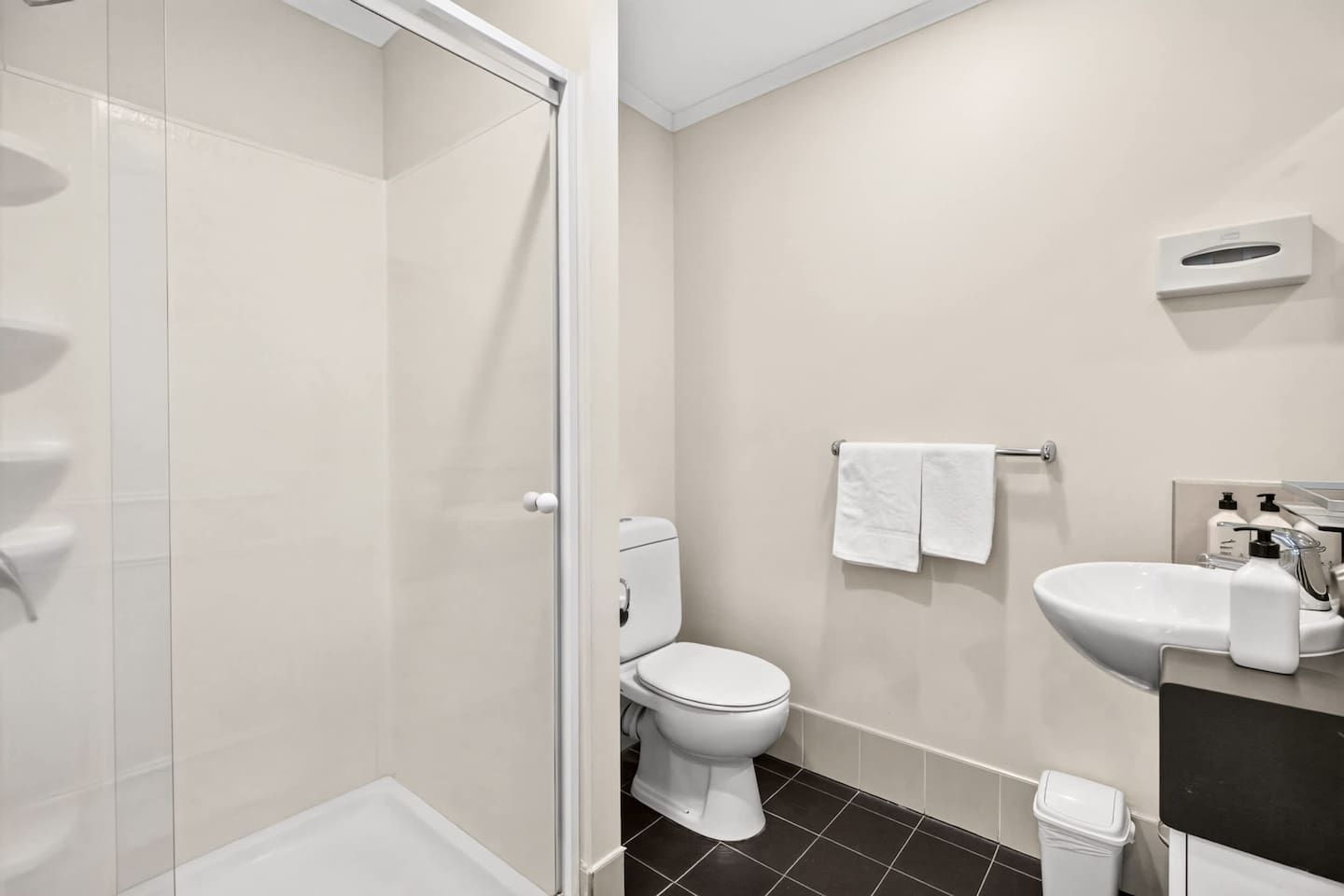 A modern bathroom with a glass-enclosed shower, a toilet, a sink with a mirror, and a towel rack.