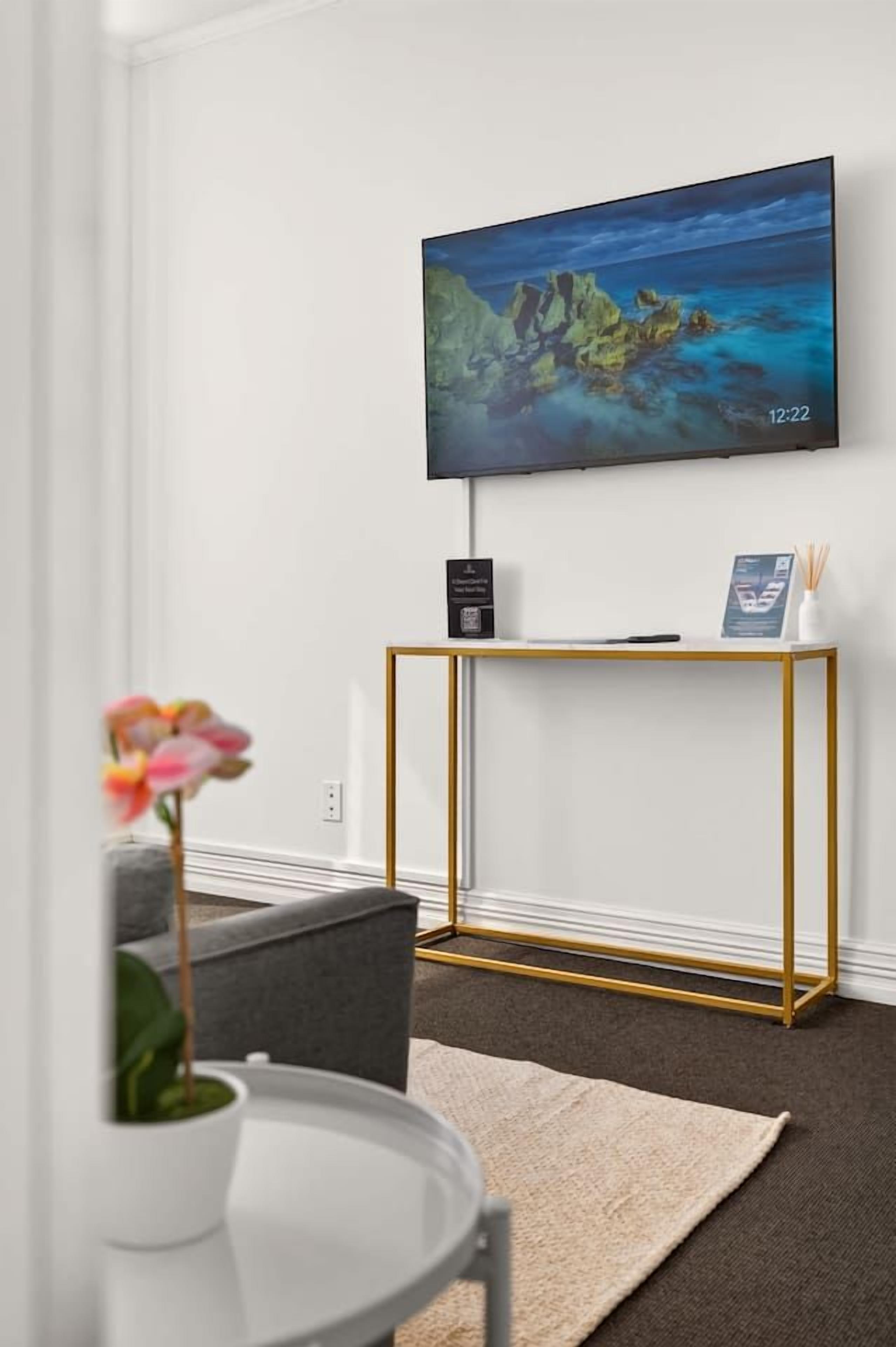 Een moderne kamer met een flatscreen televisie aan de muur, een klein tafeltje met een vaas en een boek, en een potplant.
