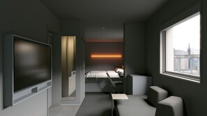A modern hotel room with a bed, a desk, a chair, a TV, and a window with a city view.