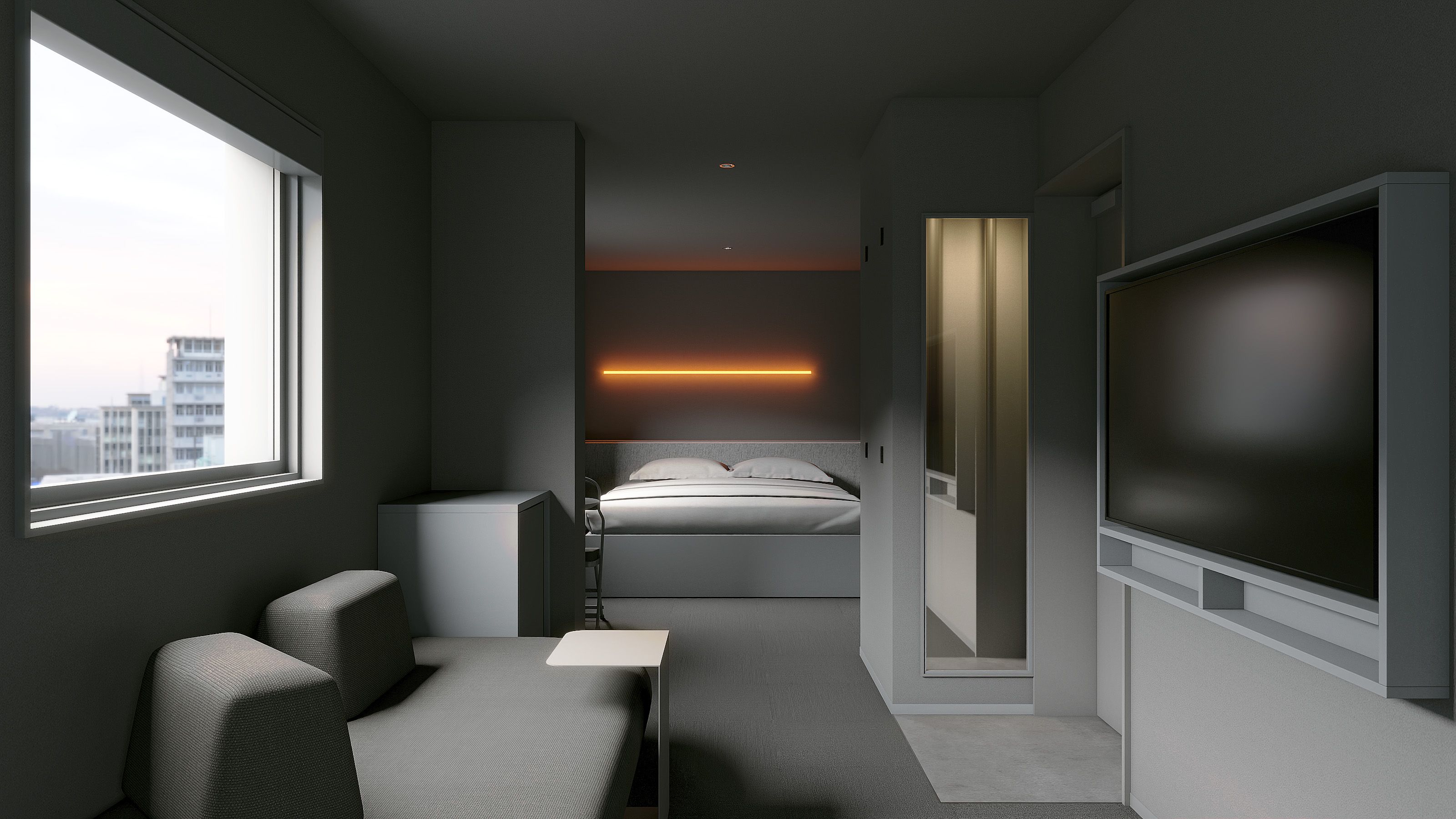 A modern hotel room with a bed, a desk, a chair, a TV, and a large window.