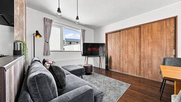 A modern living room with a grey sofa, wooden flooring, a TV, and a wardrobe.