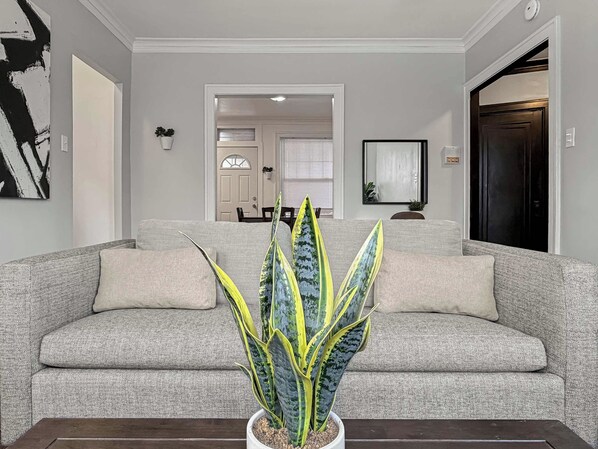 Un salon avec un canapé gris, une table basse et une grande plante en pot.