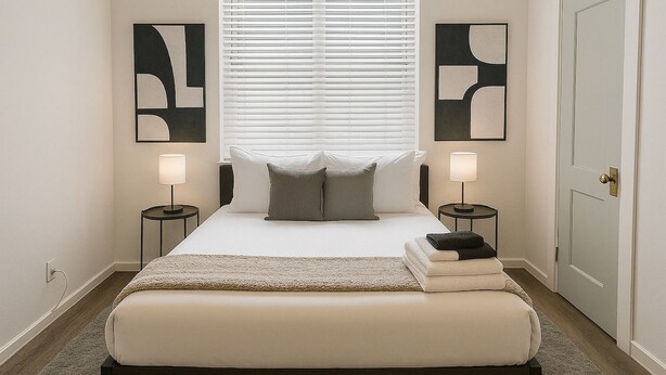A neatly arranged bedroom with a bed, bedside tables, and abstract wall art. - Hyde Park Trendy Studio Apartment in Good Spot (Chicago)