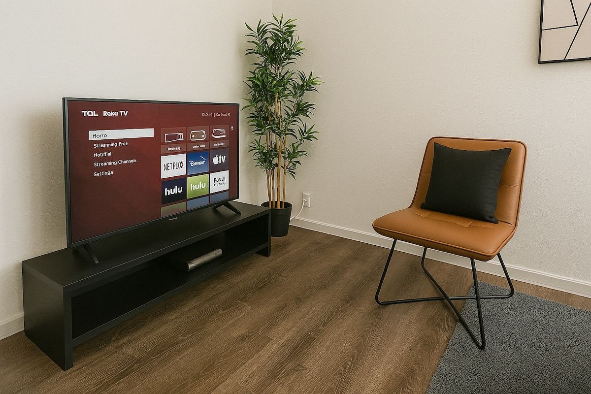 Una sala de estar moderna con un televisor de pantalla plana, un mueble de entretenimiento negro, un sillón de cuero marrón, una planta en maceta y una alfombra gris.