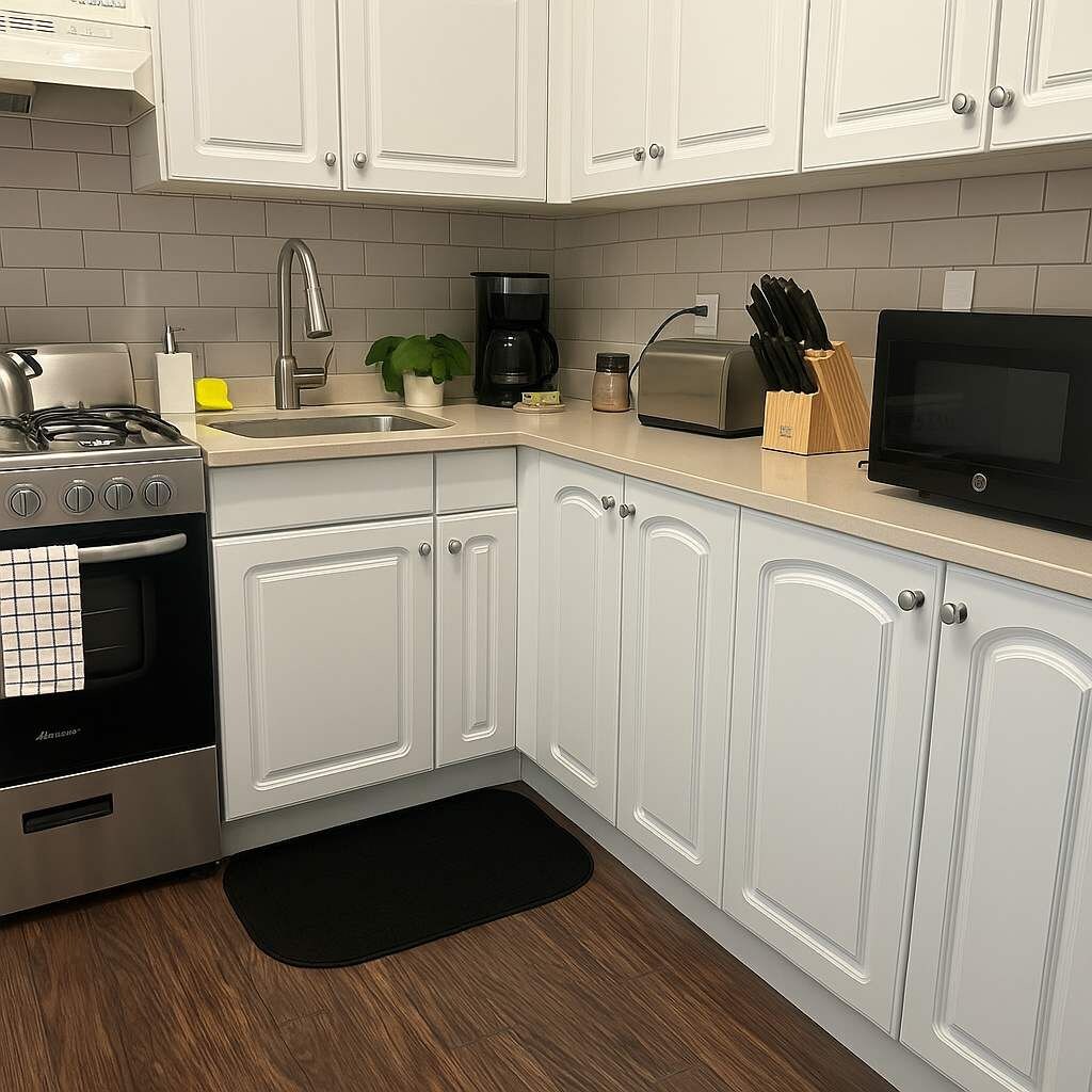 Una cocina moderna con armarios blancos, estufa a gas, cafetera y microondas.