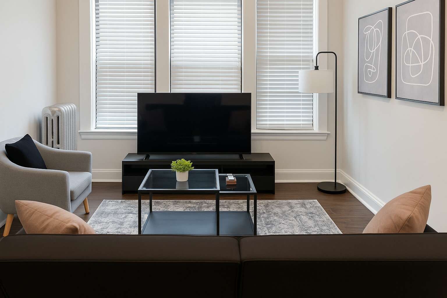 A modern living room with a flat-screen TV, a sofa, a coffee table, and a radiator.