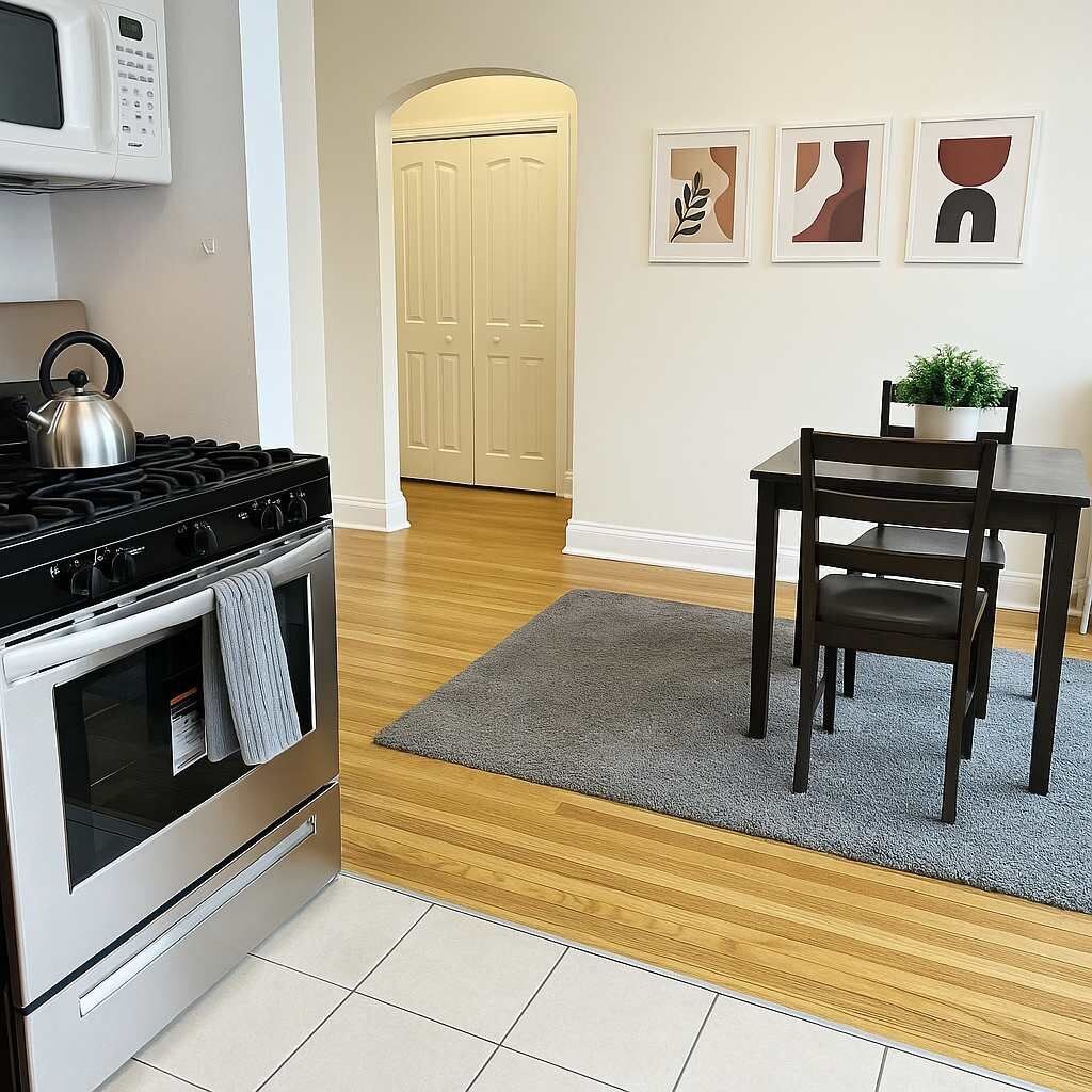 A kitchen with a stove, oven, and microwave. There is a dining table with chairs and a rug. A door leads to another room.