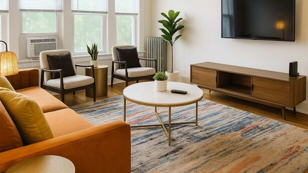 Ein modernes Wohnzimmer mit einer Couch, zwei Sesseln, einem Couchtisch, einem Fernseher und einer Pflanze.