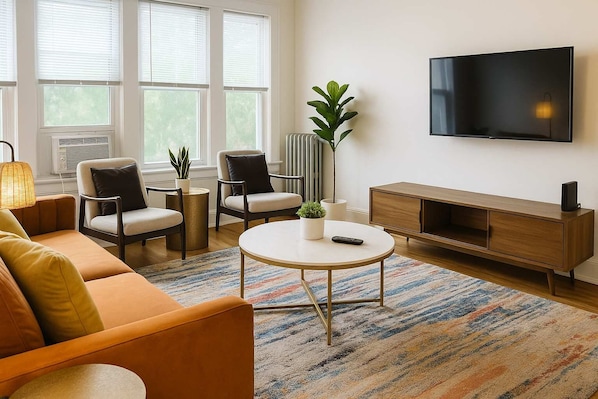 A modern living room with a sofa, two armchairs, a coffee table, a TV, and a plant. - Ideal & Spacious 1BR Apt (Chicago)
