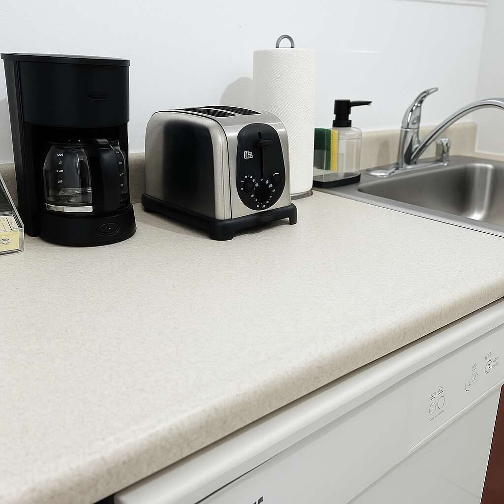 A kitchen counter with a coffee maker, toaster, and a roll of paper towels.
