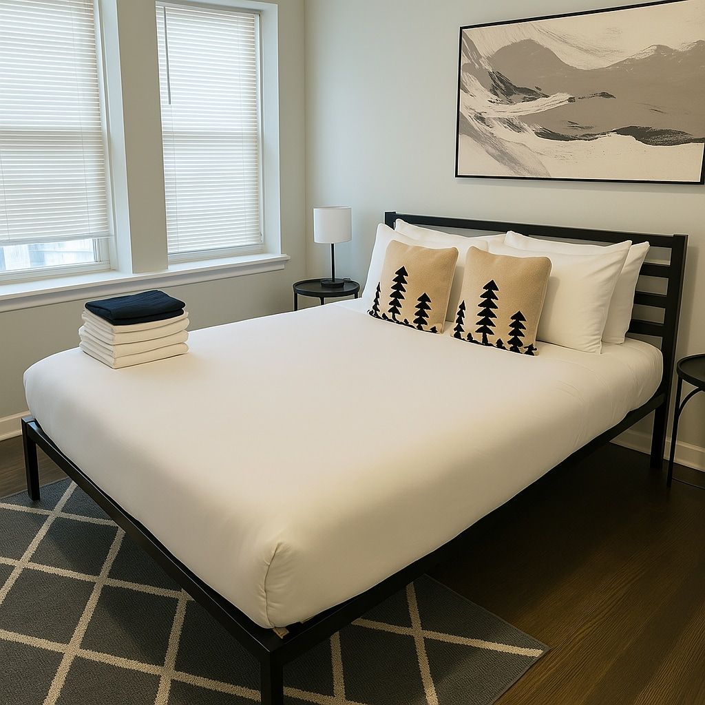 Una cama bien hecha con colchón blanco y dos almohadas con diseño de árboles, una pila de libros, una lámpara en una mesita de noche y un cuadro en la pared.
