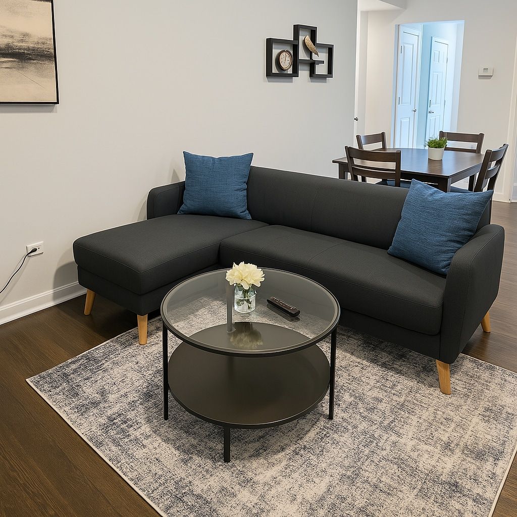 A modern living room with a sectional sofa, a glass coffee table, and a dining area with a table and chairs.