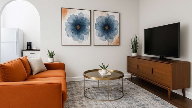A modern living room with a sofa, coffee table, TV, and artwork. - 1BR Chic Apt in Downtown Chicago (Chicago)