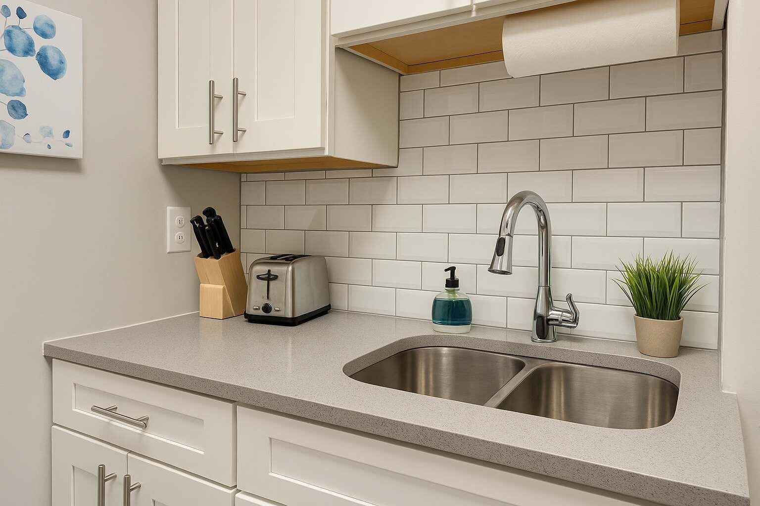 A kitchen with white cabinets, a stainless steel sink, a toaster, a soap dispenser, and a potted plant.