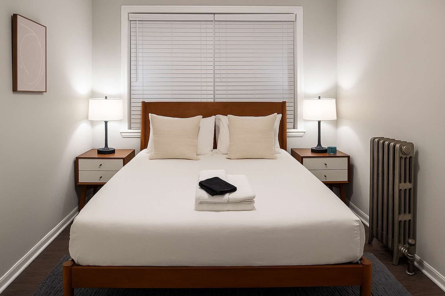 A neatly made bed with a wooden headboard, two bedside tables with lamps, a radiator, and a framed picture on the wall.