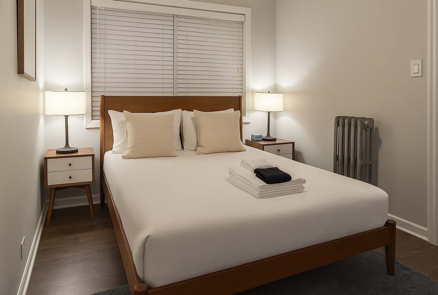 A neatly made bed with a wooden headboard, two bedside tables with lamps, a radiator, and a window with blinds.