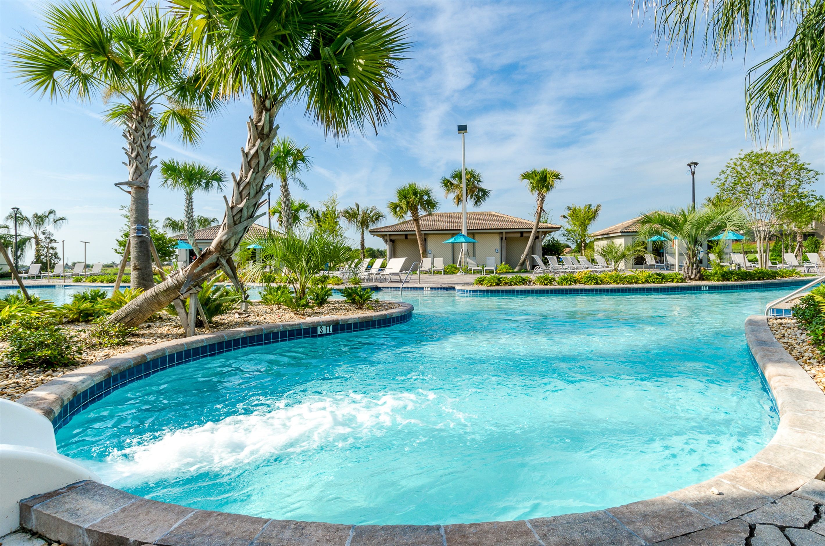A swimming pool with lounge chairs and palm trees.
