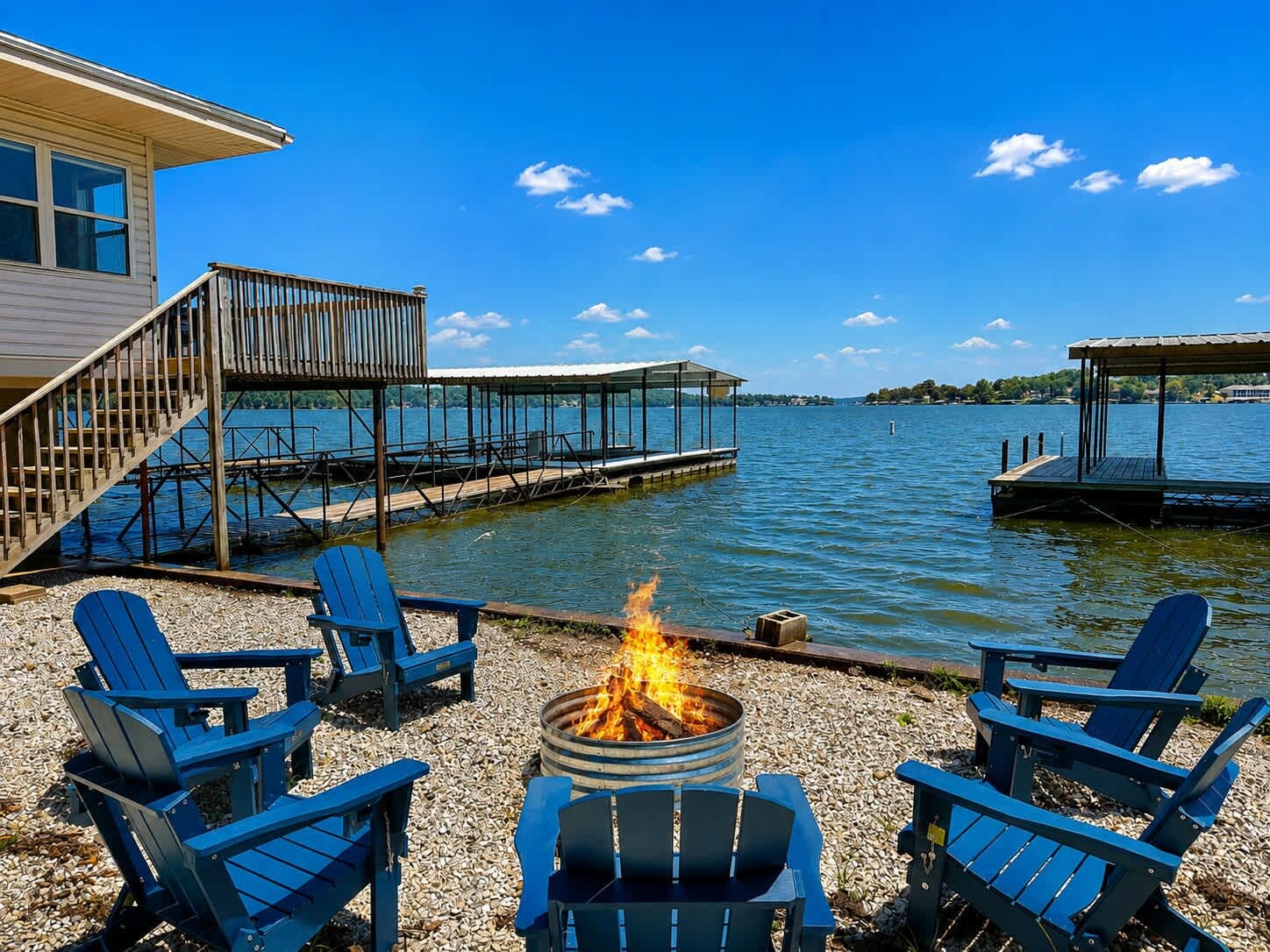 A lakeside deck with a fire pit, outdoor seating, and a dock extending into the water.