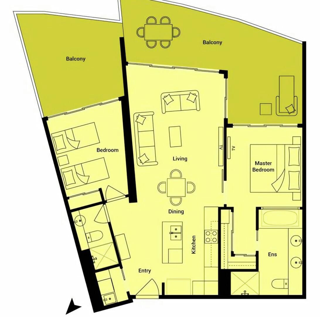 Plano de planta con balcón, habitación principal, sala de estar, comedor, cocina, entrada y una habitación separada.