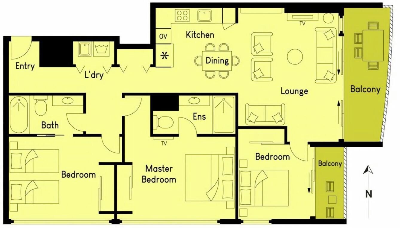 A floor plan with a master bedroom, two standard bedrooms, a bathroom, a kitchen, a dining area, a lounge, and a balcony.