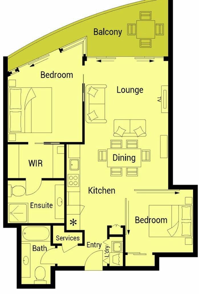 Grundriss eines Hotels mit Balkon, zwei Schlafzimmern, einer Lounge, Essbereich, Küche, WC, privatem Badezimmer, Annehmlichkeiten, Bad und Eingangsbereich.
