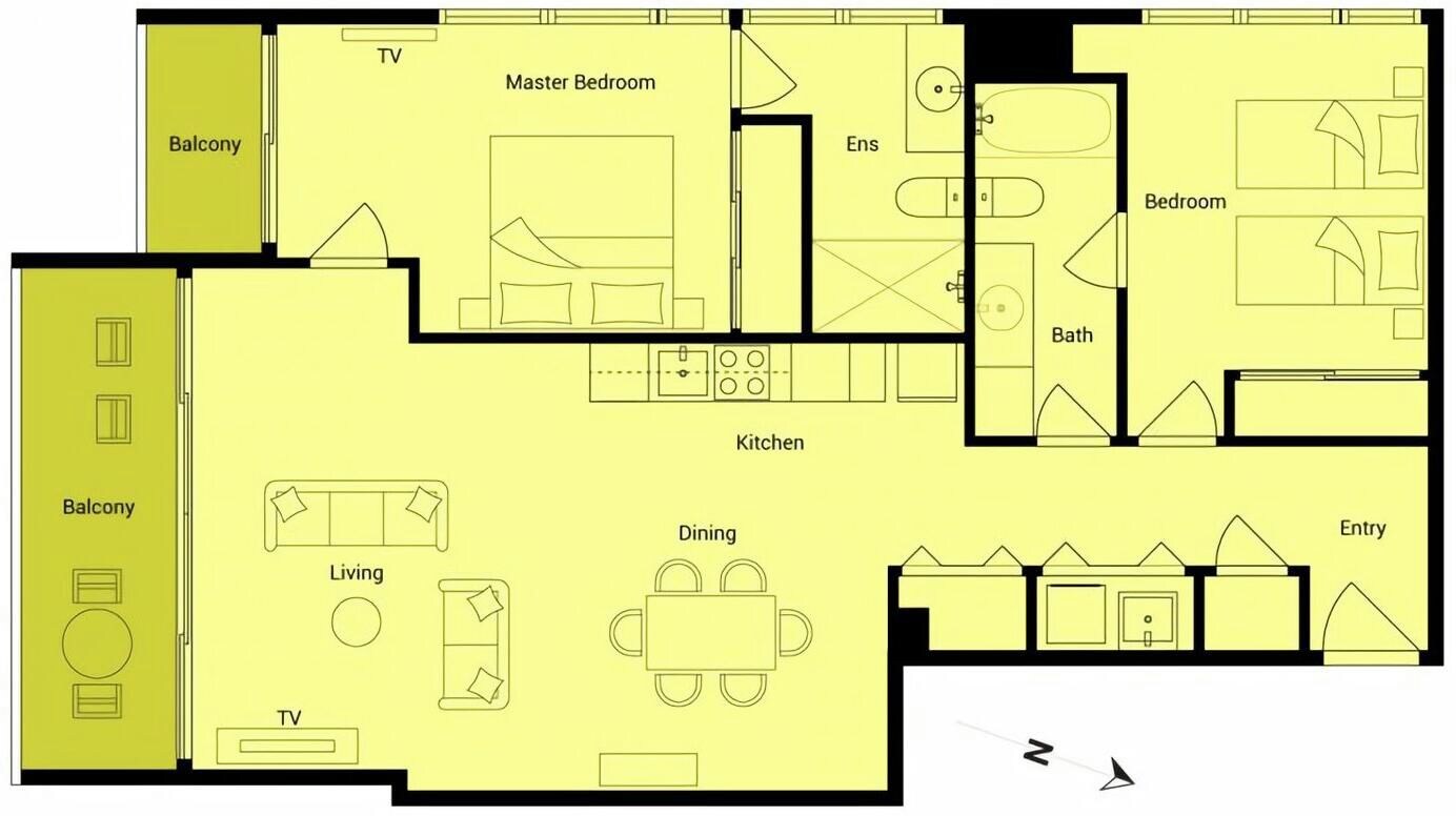 A floor plan with a master bedroom, balcony, TV, living room, dining area, kitchen, bathroom, and entry.