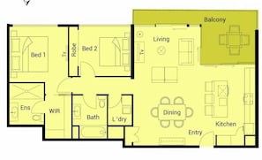 A floor plan with a balcony, living area, dining room, kitchen, bathroom, and two bedrooms. - Orchid Residences Apartment 23405 (Surfers Paradise)