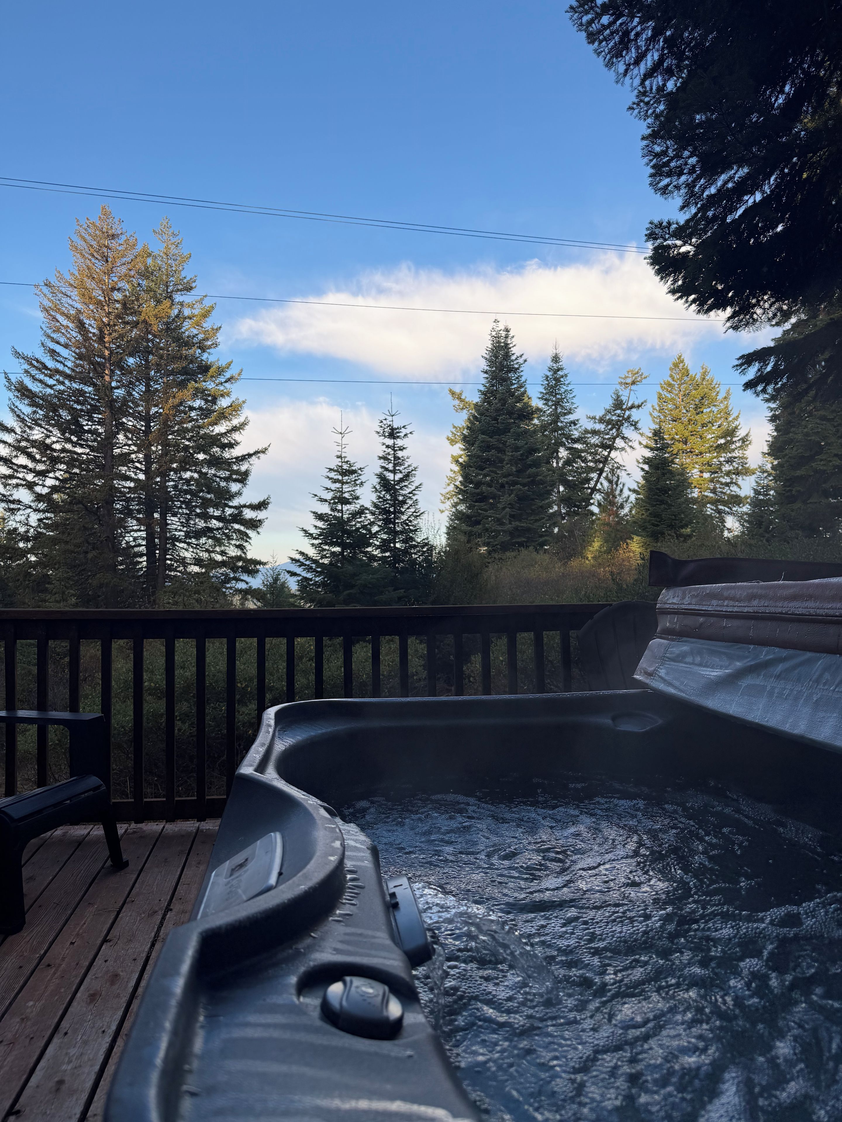 A hot tub on a wooden deck with a view of tall trees and a clear sky.