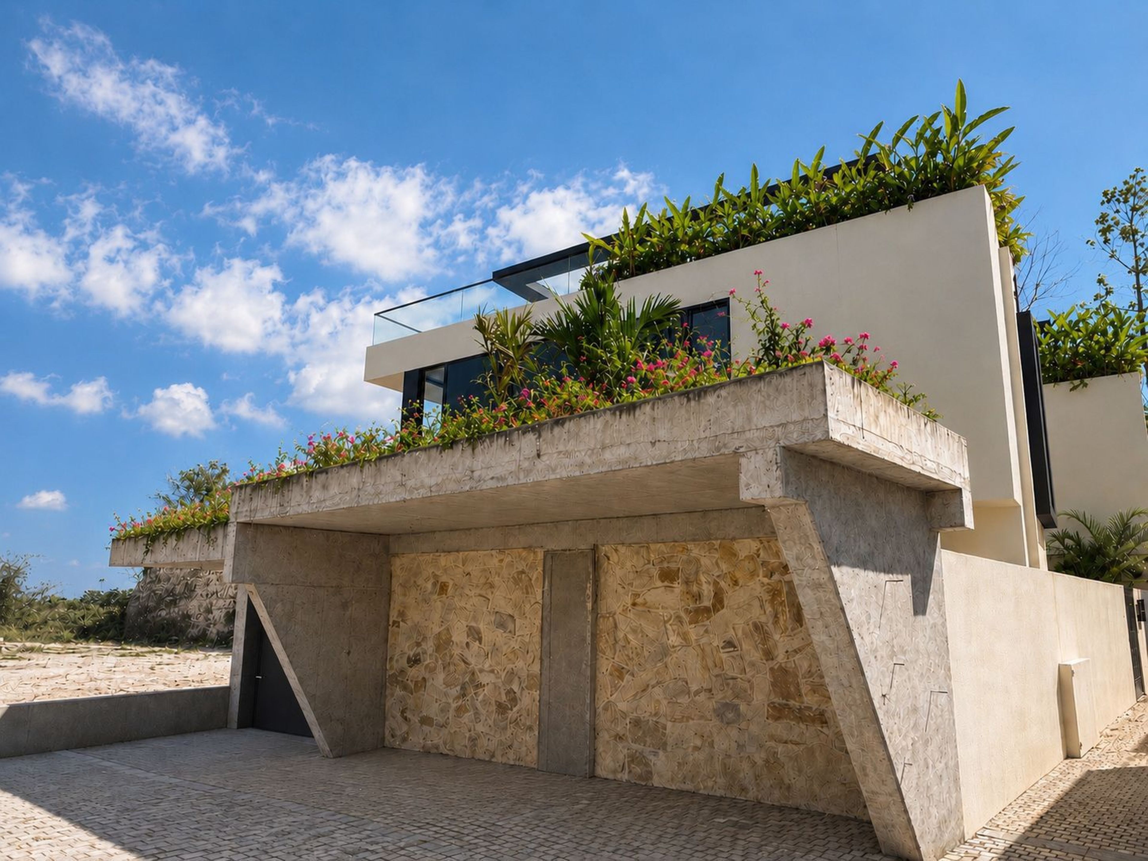 Un bâtiment moderne doté d’un toit plat, d’un balcon agrémenté de plantes et d’un sol pavé.
