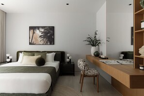 A modern bedroom with a bed, bedside tables, a chair, a desk, and a wall-mounted shelf. - Layan -10 Min to Beach - Spacious Pool Villa (Thalang District)