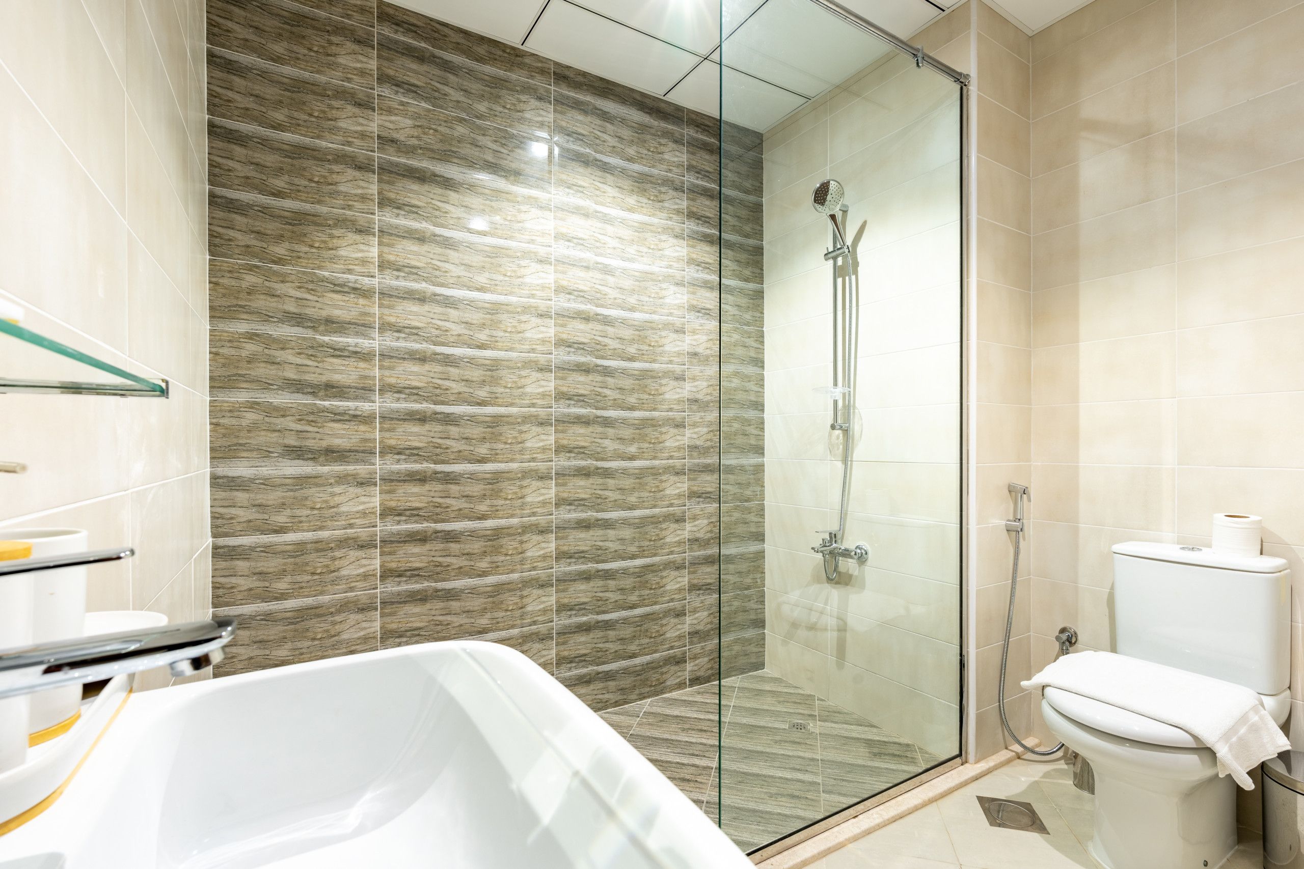 Un baño moderno con ducha envuelta en vidrio, una bañera blanca y un inodoro.