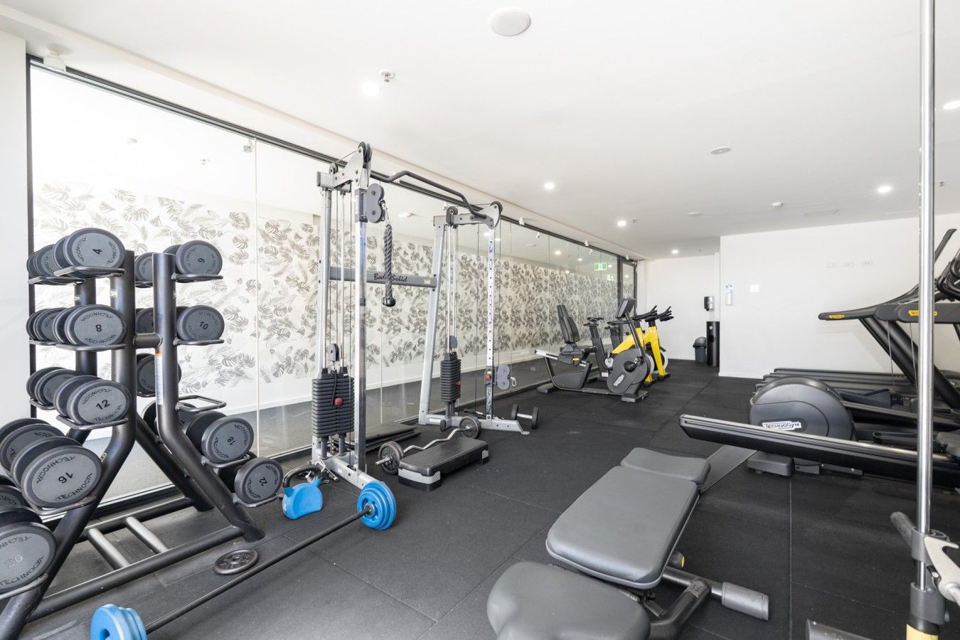 A gym with weightlifting equipment, treadmills, and exercise bikes.