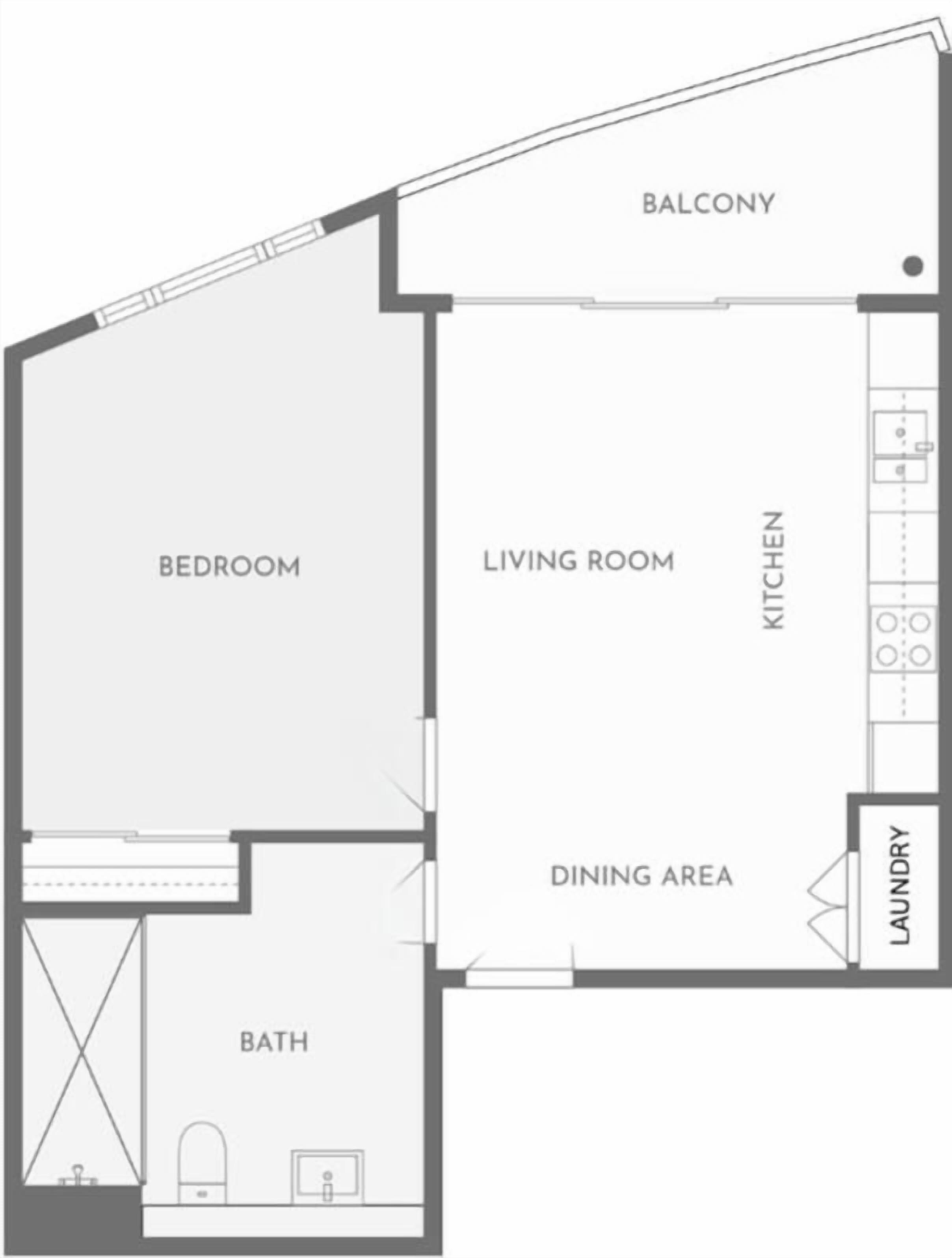 A floor plan with a bedroom, living room, balcony, kitchen, dining area, and bathroom.