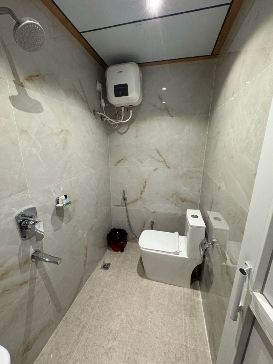 A small, enclosed shower area with a handheld showerhead, a toilet, and a wall-mounted water heater.