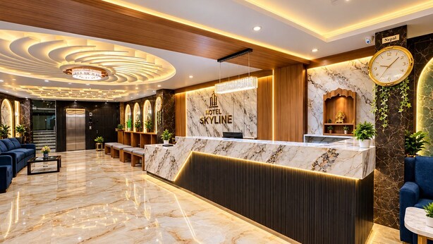 A hotel reception area with a marble counter, a clock, and a sign indicating the hotel is in Nepal.