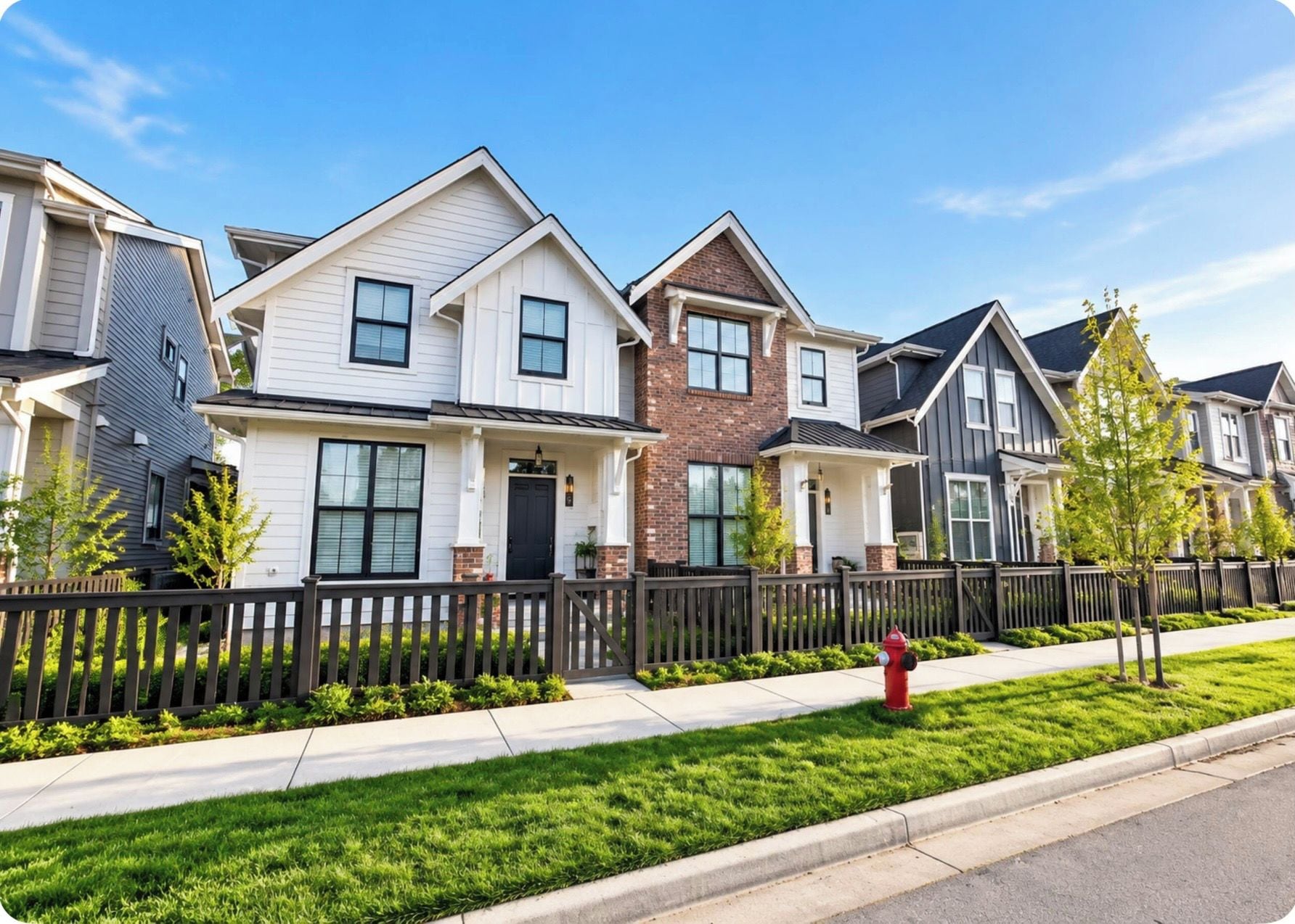 A row of modern townhouses with a uniform architectural style, a well-maintained lawn, and a fire hydrant on the sidewalk.