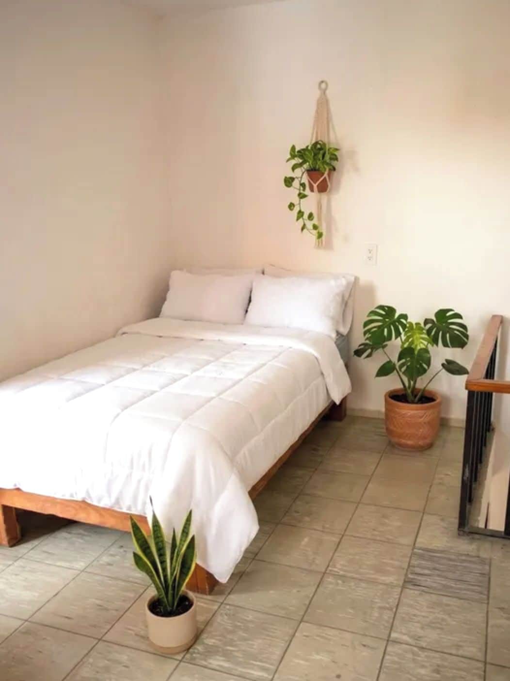 A bedroom with a bed, a potted plant, and a macrame wall hanging.