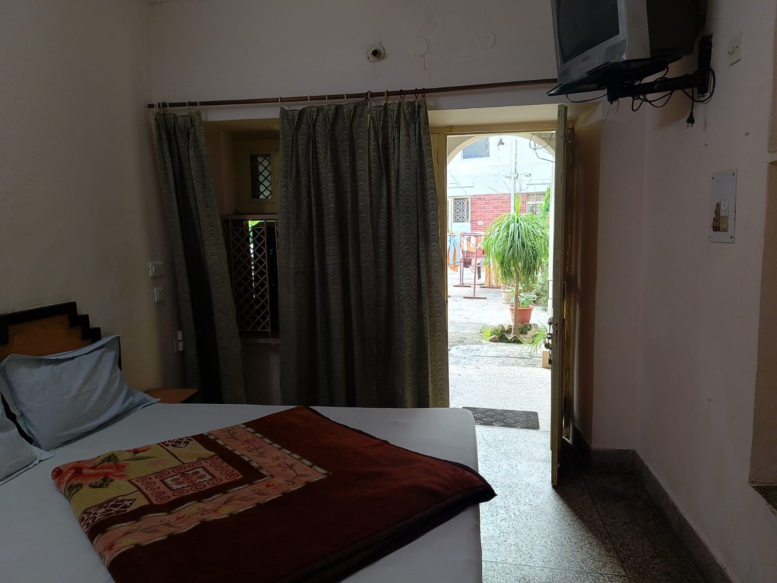 A room with a bed, curtains, a television mounted on the wall, and an open door leading to an outdoor area with a potted plant.