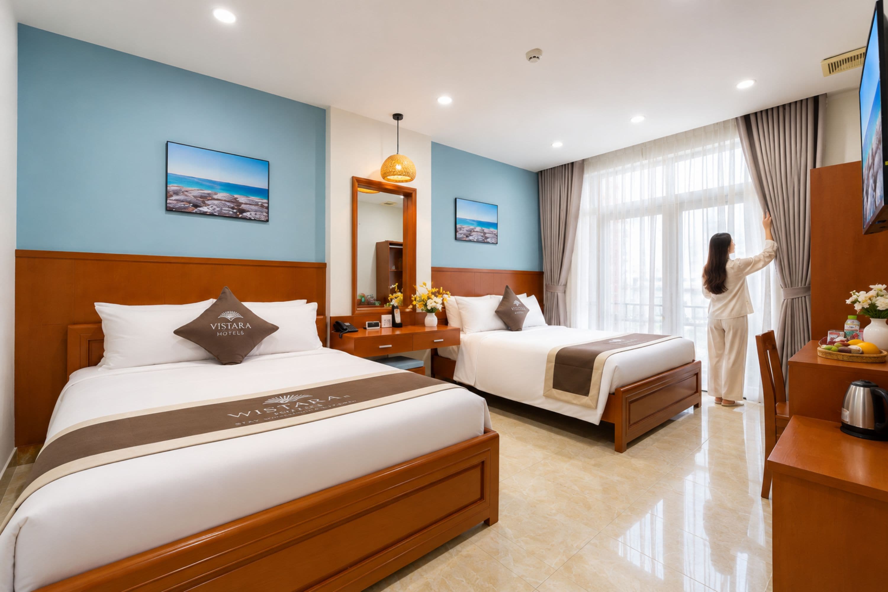 Habitación de hotel con dos camas, un escritorio con hervidor, un espejo y obras de arte en las paredes.