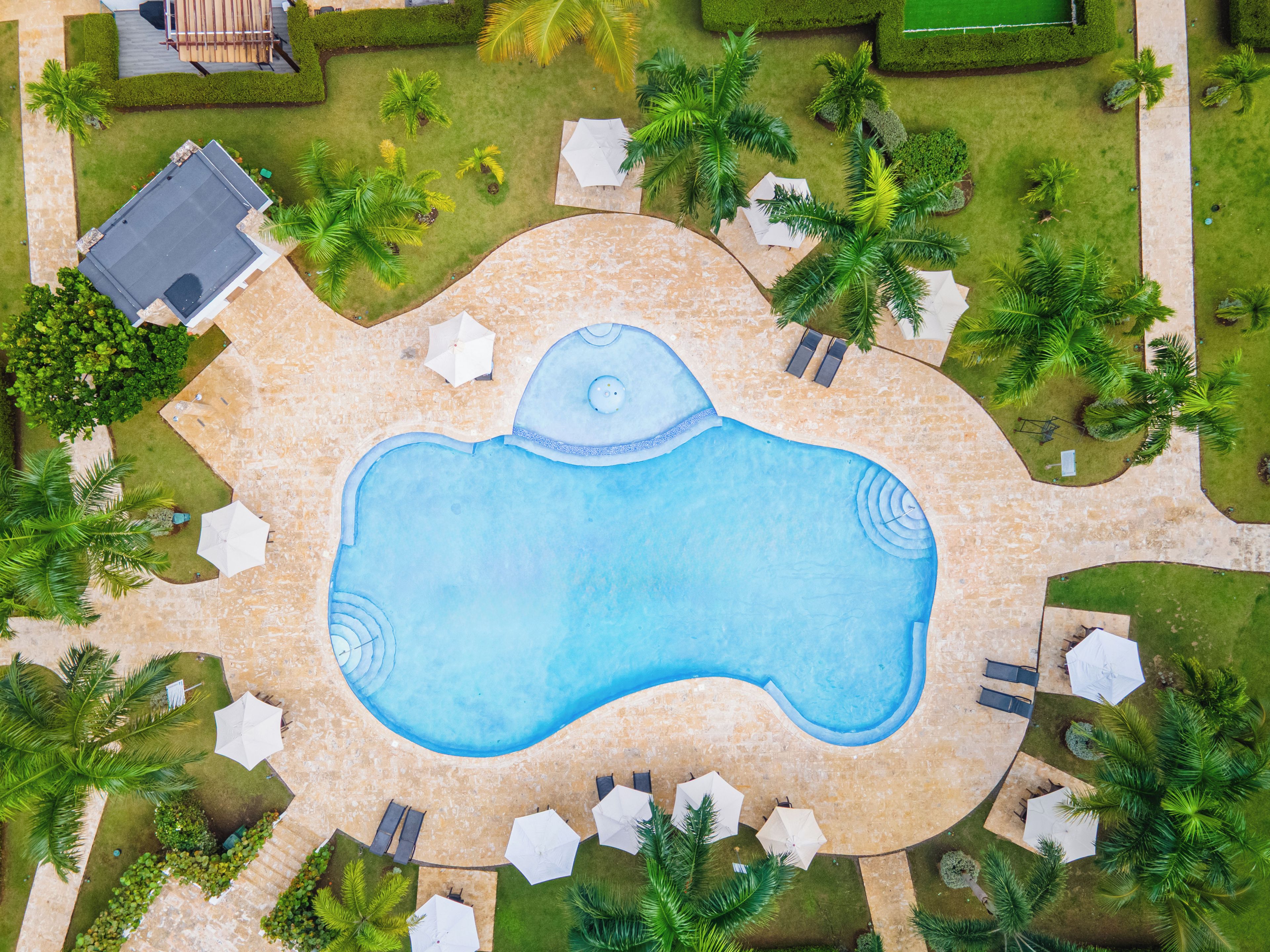 Vista aérea de uma piscina rodeada por palmeiras e espreguiçadeiras.
