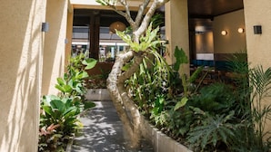 A multi-level indoor courtyard with a central tree, surrounded by various plants and a pathway.