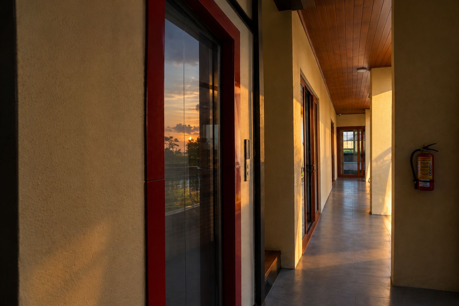 Ein Korridor mit einem an der Wand befestigten Feuerlöscher, einer Tür mit rotem Rahmen und Blick auf den Sonnenuntergang durch das Fenster.
