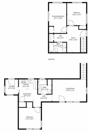A 2nd floor floor plan with a primary bedroom, secondary bedroom, bathroom, dining area, kitchen, and living room. - Lancaster Town Square House Near Downtown Dallas (Lancaster)