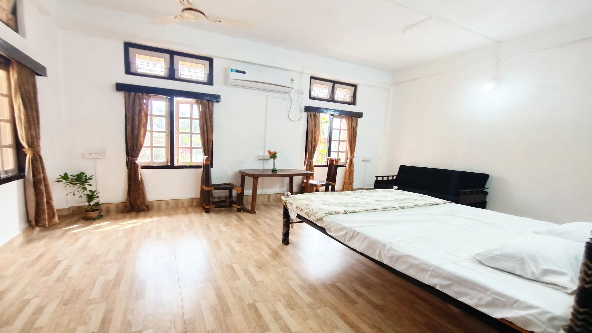 A room with a bed, a desk, a chair, and a potted plant.