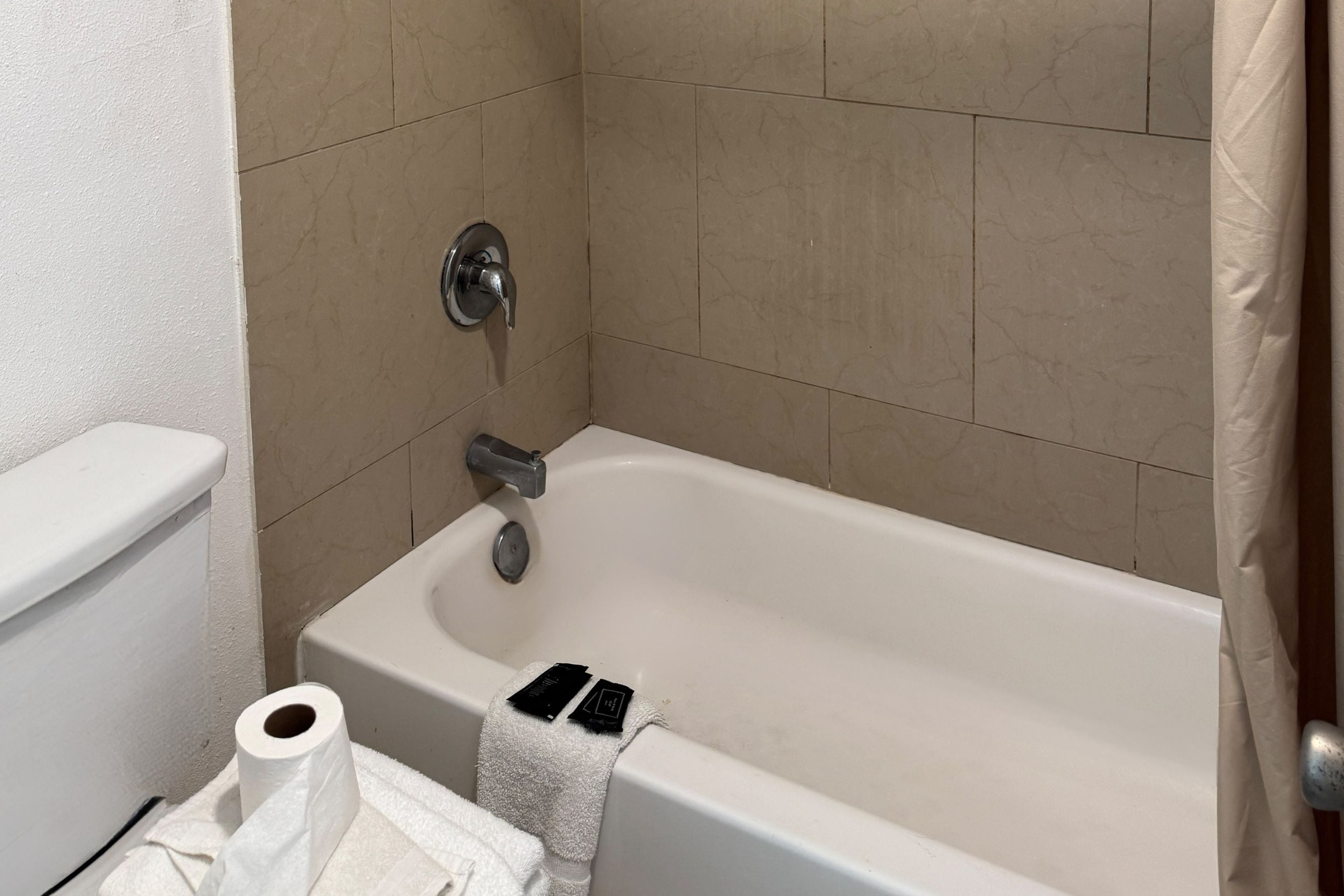 Separate tub and shower, free toiletries, towels, toilet paper