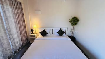 A hotel room with a bed, a nightstand, a lamp, a potted plant, and a window with curtains.
