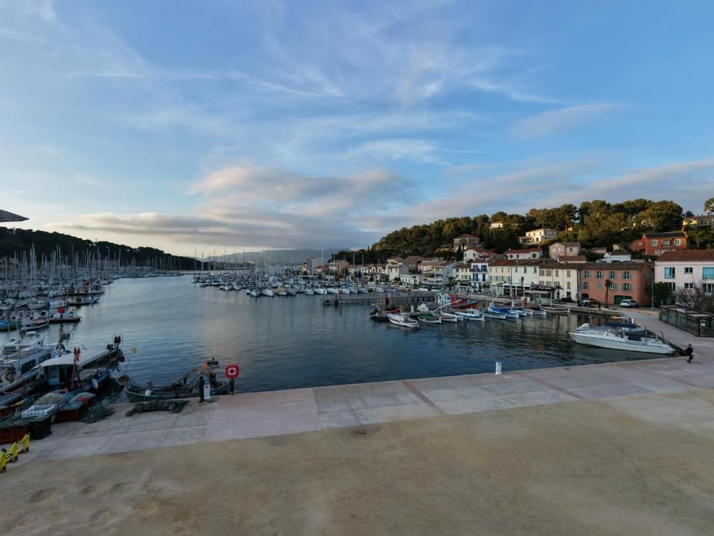 Un port de plaisance avec des bateaux amarrés, une promenade en bord de mer et des bâtiments le long de la côte.