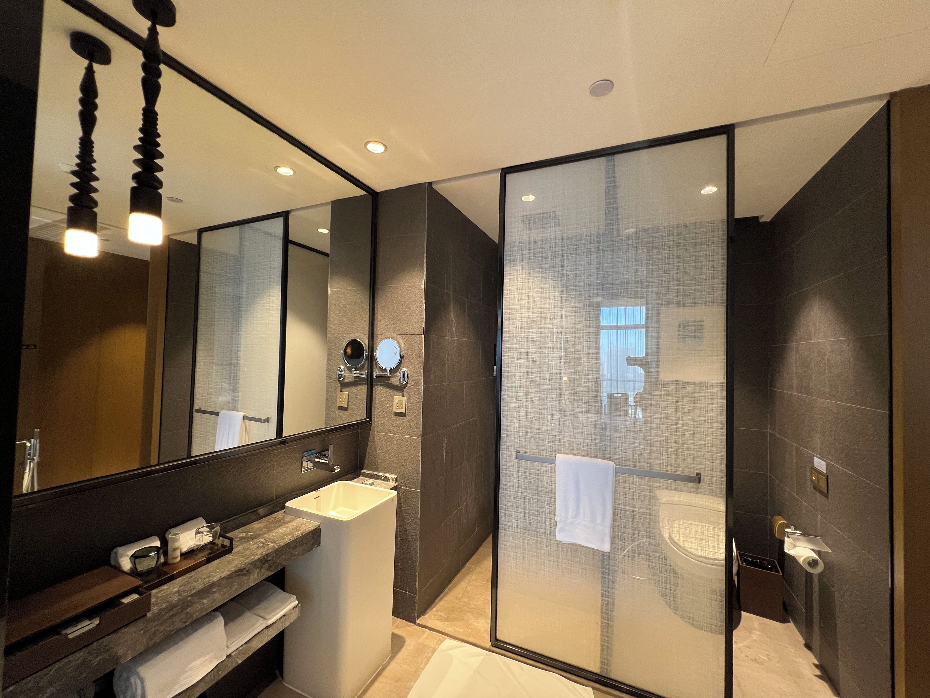 A modern bathroom with a glass partition, a sink, a mirror, and a toilet.